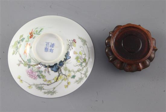 A Chinese famille rose small bowl, Yongzheng mark, Republic period, diameter 9.9cm, wood stand